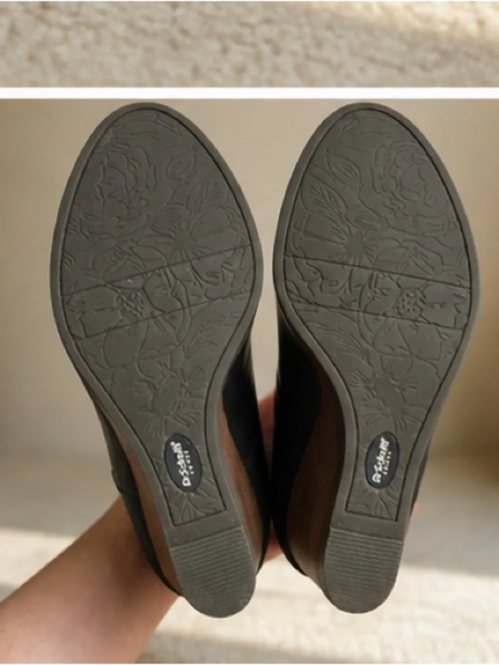 Dr. Scholl's Black Wedge Ankle Booties with Brown Wood-Look Heel